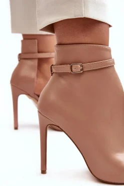 Skórzane Botki Damskie Na Szpilce Beżowe Amalundi