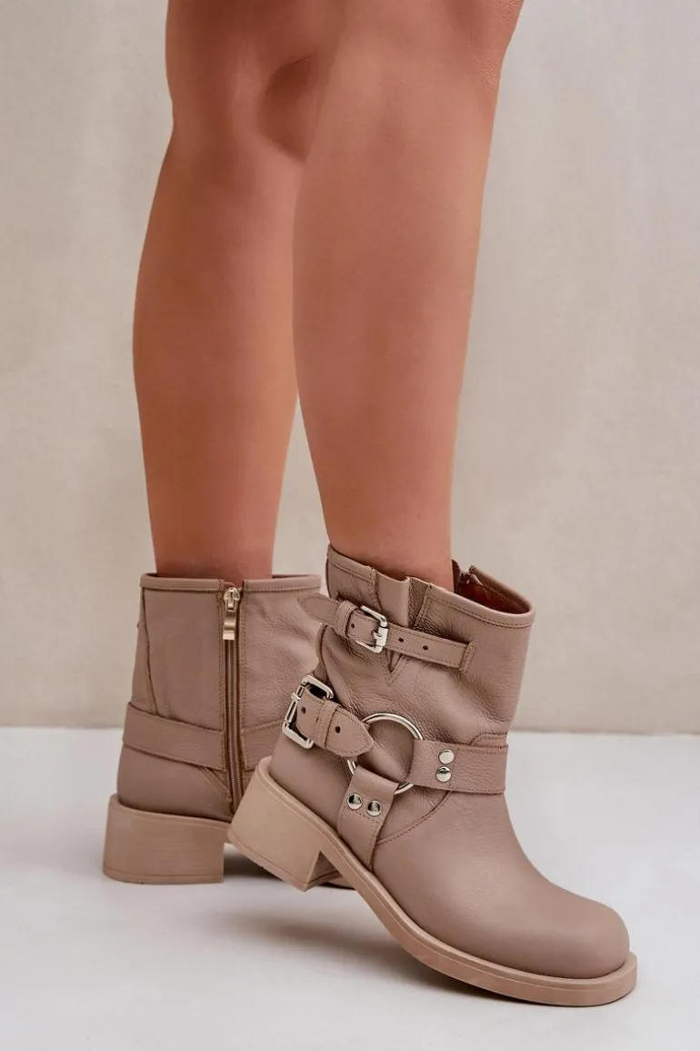 Skórzane Botki Damskie Na Niskim Obcasie Klocku Z Paskami Zazoo 3644 Beżowe