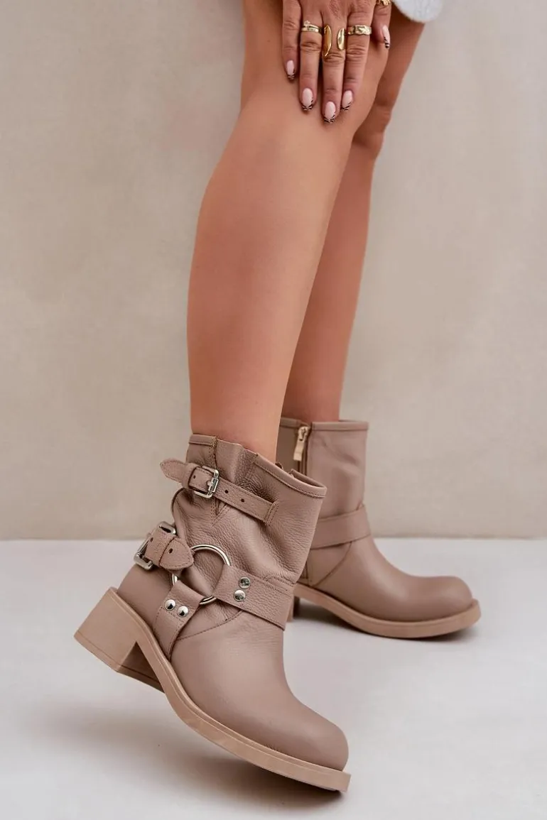 Skórzane Botki Damskie Na Niskim Obcasie Klocku Z Paskami Zazoo 3644 Beżowe