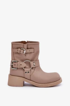 Skórzane Botki Damskie Na Niskim Obcasie Klocku Z Paskami Zazoo 3644 Beżowe