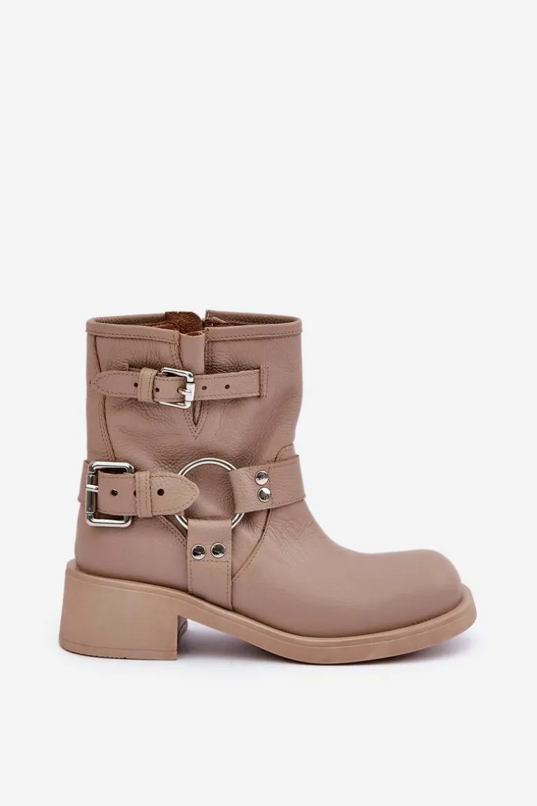 Skórzane Botki Damskie Na Niskim Obcasie Klocku Z Paskami Zazoo 3644 Beżowe