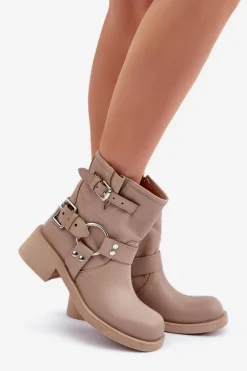 Skórzane Botki Damskie Na Niskim Obcasie Klocku Z Paskami Zazoo 3644 Beżowe