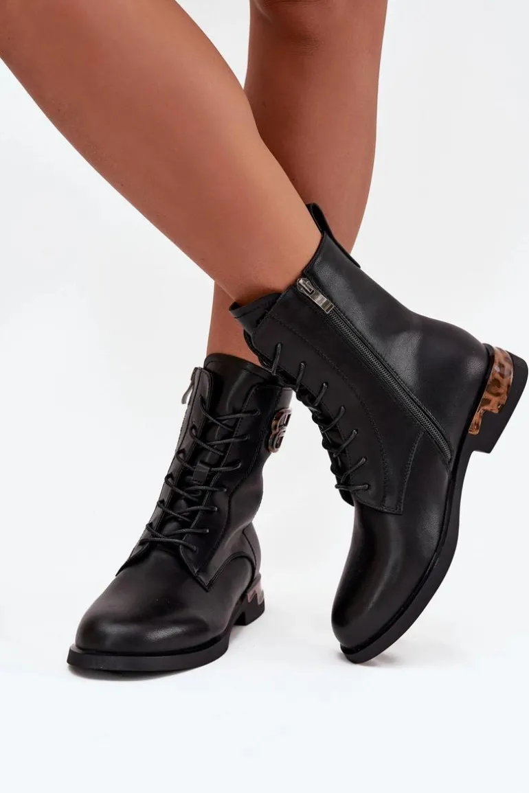 Skórzane Botki Damskie Na Płaskim Obcasie Z Ozdobą Ocieplane Artiker 57C1064 Czarne