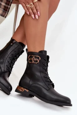 Skórzane Botki Damskie Na Płaskim Obcasie Z Ozdobą Ocieplane Artiker 57C1064 Czarne