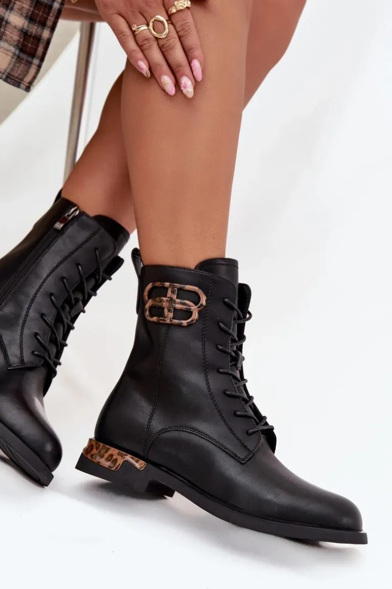 Skórzane Botki Damskie Na Płaskim Obcasie Z Ozdobą Ocieplane Artiker 57C1064 Czarne