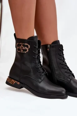 Skórzane Botki Damskie Na Płaskim Obcasie Z Ozdobą Ocieplane Artiker 57C1064 Czarne