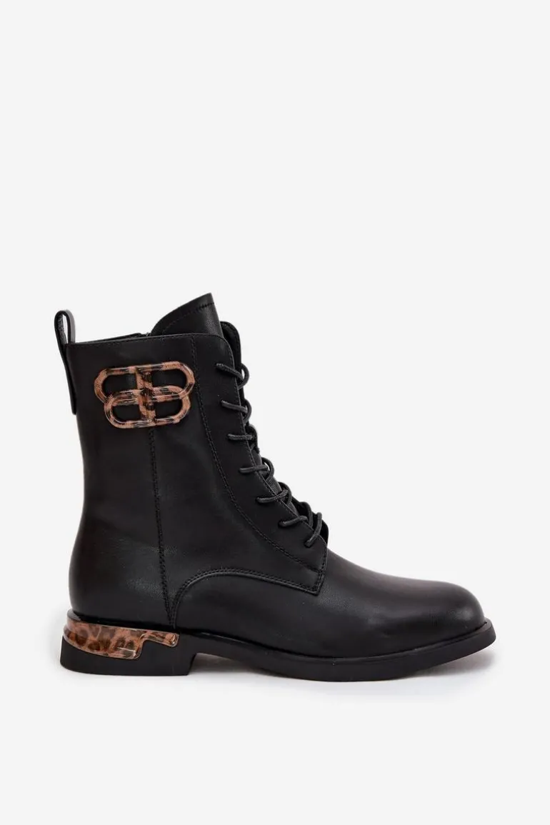 Skórzane Botki Damskie Na Płaskim Obcasie Z Ozdobą Ocieplane Artiker 57C1064 Czarne