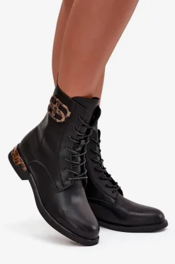 Skórzane Botki Damskie Na Płaskim Obcasie Z Ozdobą Ocieplane Artiker 57C1064 Czarne