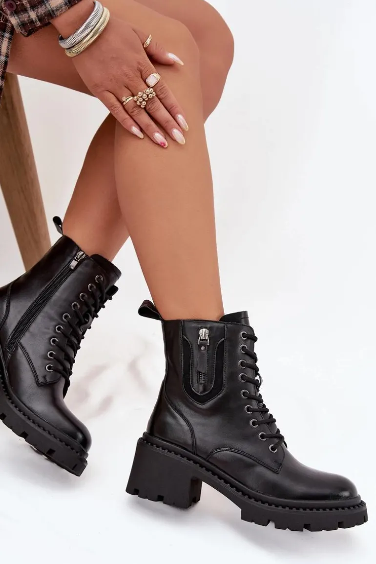 Skórzane Botki Damskie Na Klocku Ocieplane Vinceza 86418 Czarne