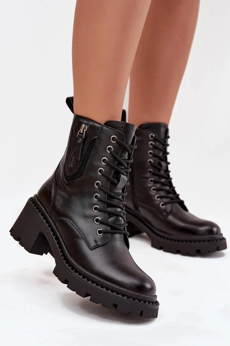 Skórzane Botki Damskie Na Klocku Ocieplane Vinceza 86418 Czarne