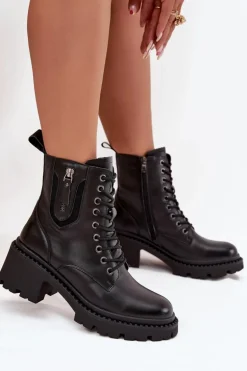 Skórzane Botki Damskie Na Klocku Ocieplane Vinceza 86418 Czarne