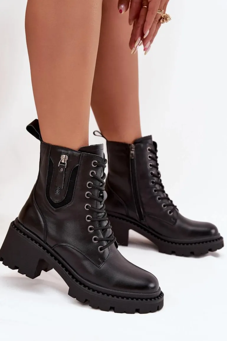 Skórzane Botki Damskie Na Klocku Ocieplane Vinceza 86418 Czarne