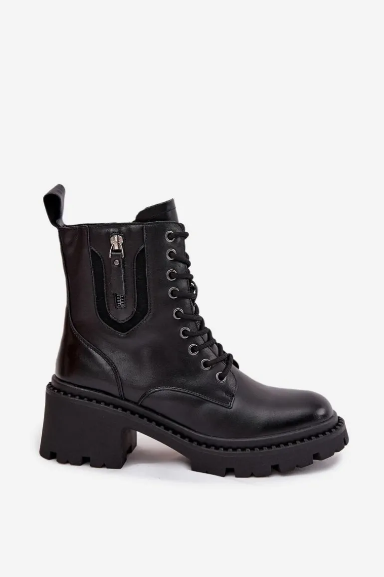 Skórzane Botki Damskie Na Klocku Ocieplane Vinceza 86418 Czarne