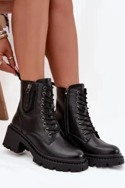 Skórzane Botki Damskie Na Klocku Ocieplane Vinceza 86418 Czarne