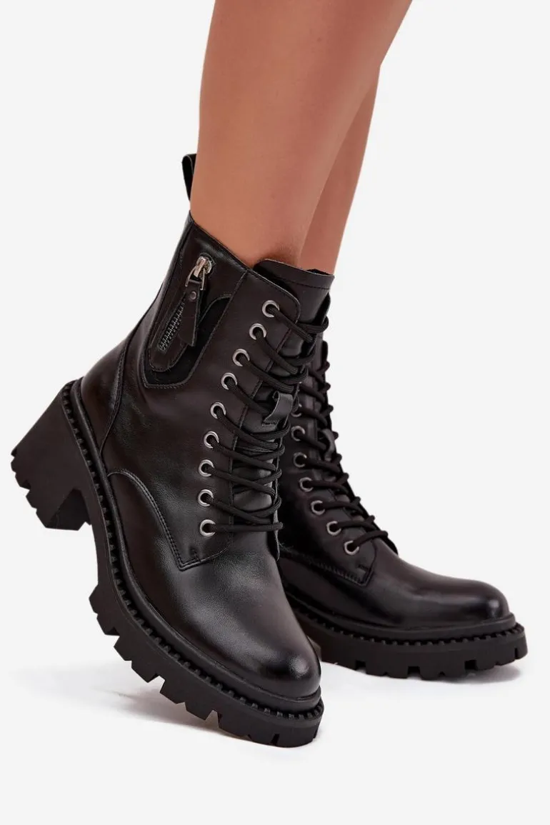 Skórzane Botki Damskie Na Klocku Ocieplane Vinceza 86418 Czarne