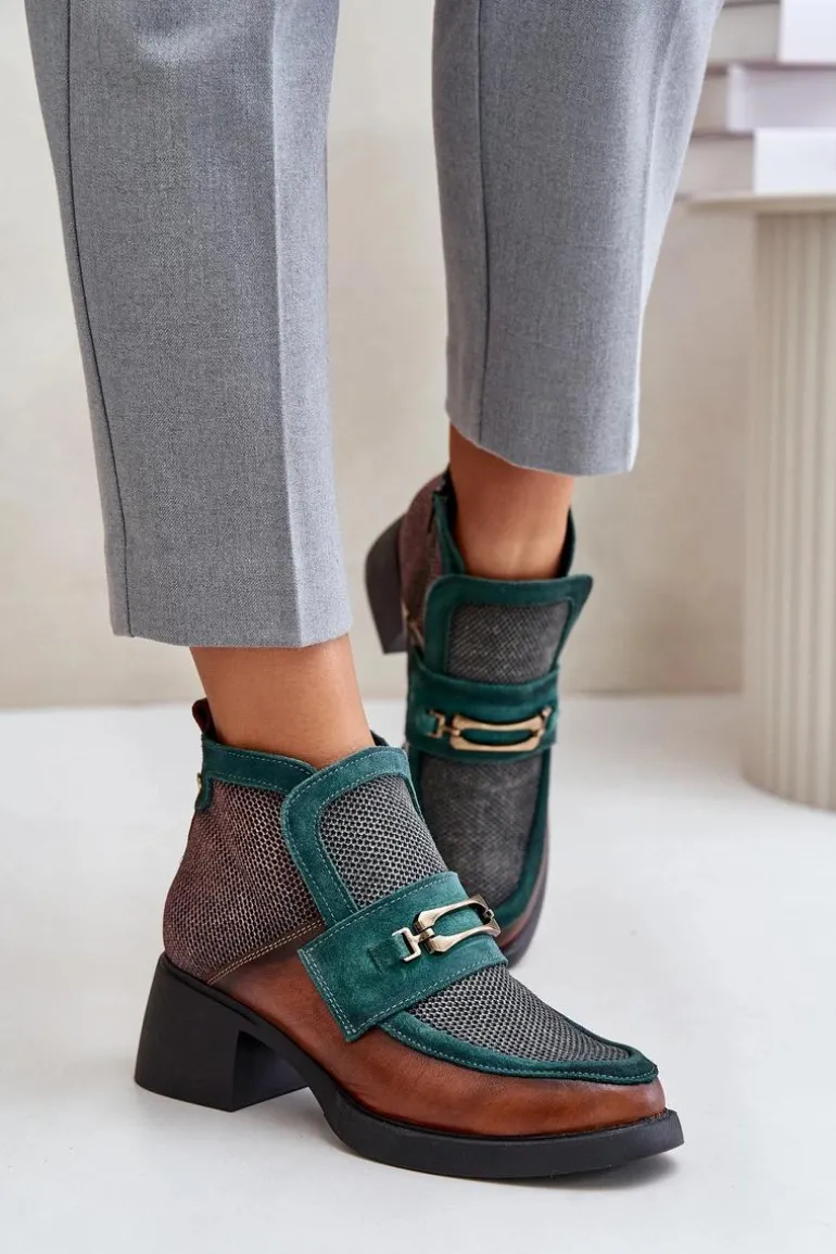 Skórzane Botki Damskie Na Masywnym Obcasie Z Ozdobą Maciejka A6747-29 Brązowo-Zielone