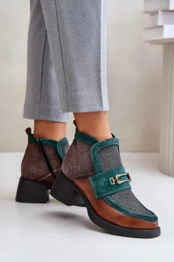 Skórzane Botki Damskie Na Masywnym Obcasie Z Ozdobą Maciejka A6747-29 Brązowo-Zielone
