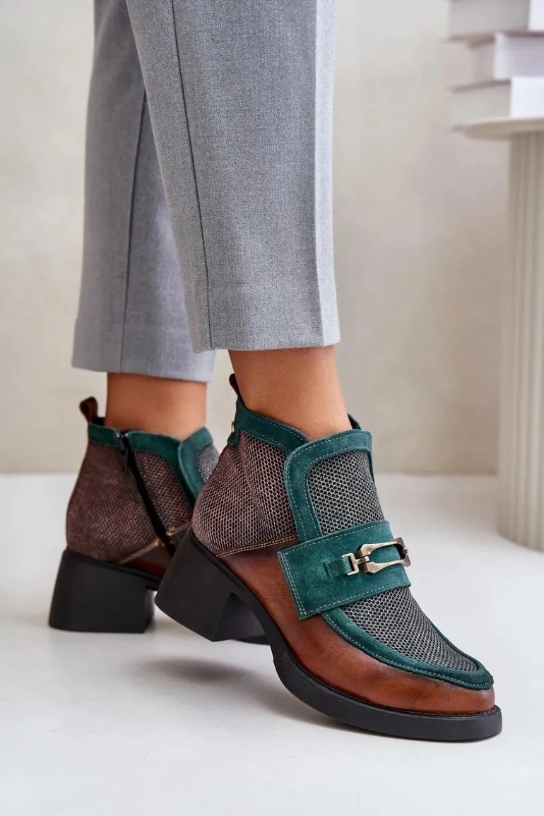 Skórzane Botki Damskie Na Masywnym Obcasie Z Ozdobą Maciejka A6747-29 Brązowo-Zielone