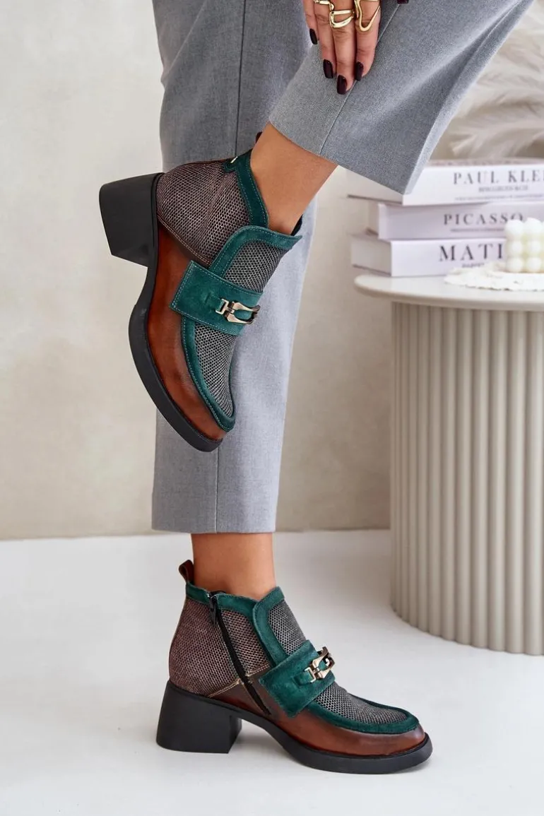 Skórzane Botki Damskie Na Masywnym Obcasie Z Ozdobą Maciejka A6747-29 Brązowo-Zielone