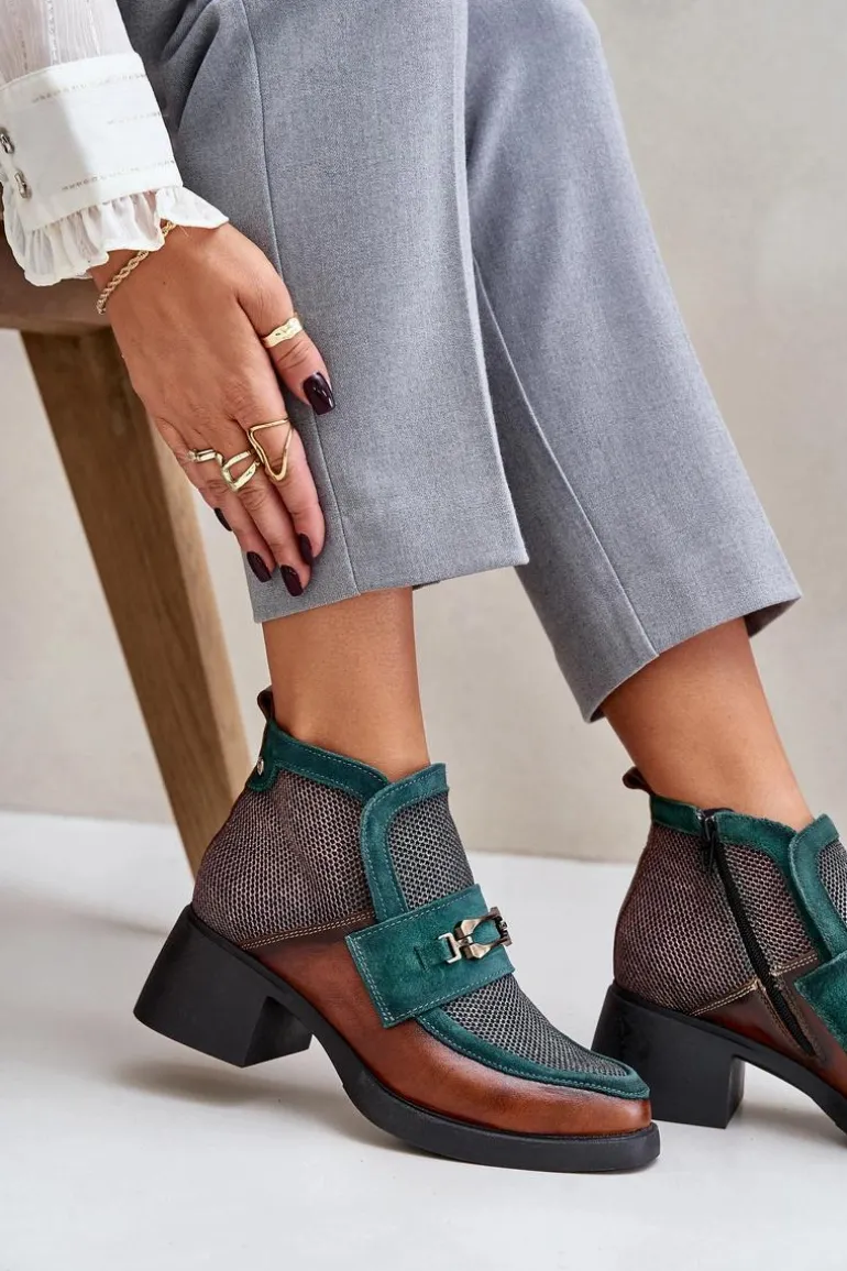 Skórzane Botki Damskie Na Masywnym Obcasie Z Ozdobą Maciejka A6747-29 Brązowo-Zielone
