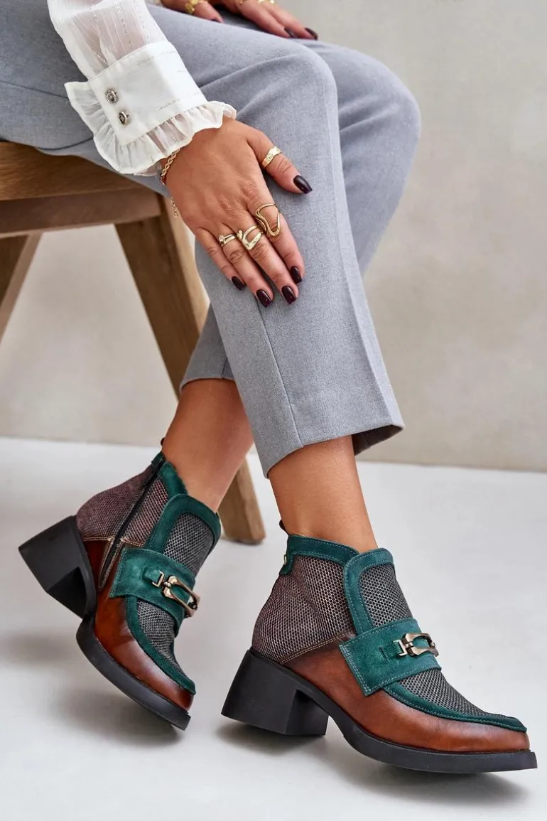 Skórzane Botki Damskie Na Masywnym Obcasie Z Ozdobą Maciejka A6747-29 Brązowo-Zielone