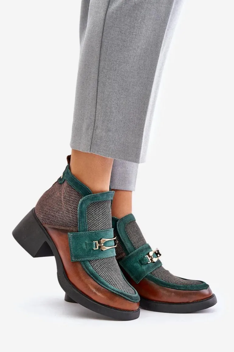 Skórzane Botki Damskie Na Masywnym Obcasie Z Ozdobą Maciejka A6747-29 Brązowo-Zielone