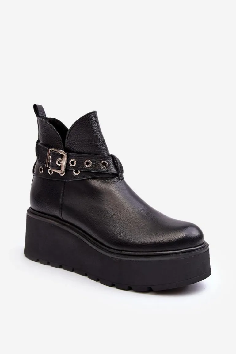 Skórzane Botki Damskie Na Koturnie Platformie Z Paskami Zazoo 1752 Czarne