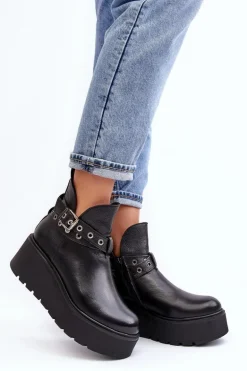 Skórzane Botki Damskie Na Koturnie Platformie Z Paskami Zazoo 1752 Czarne