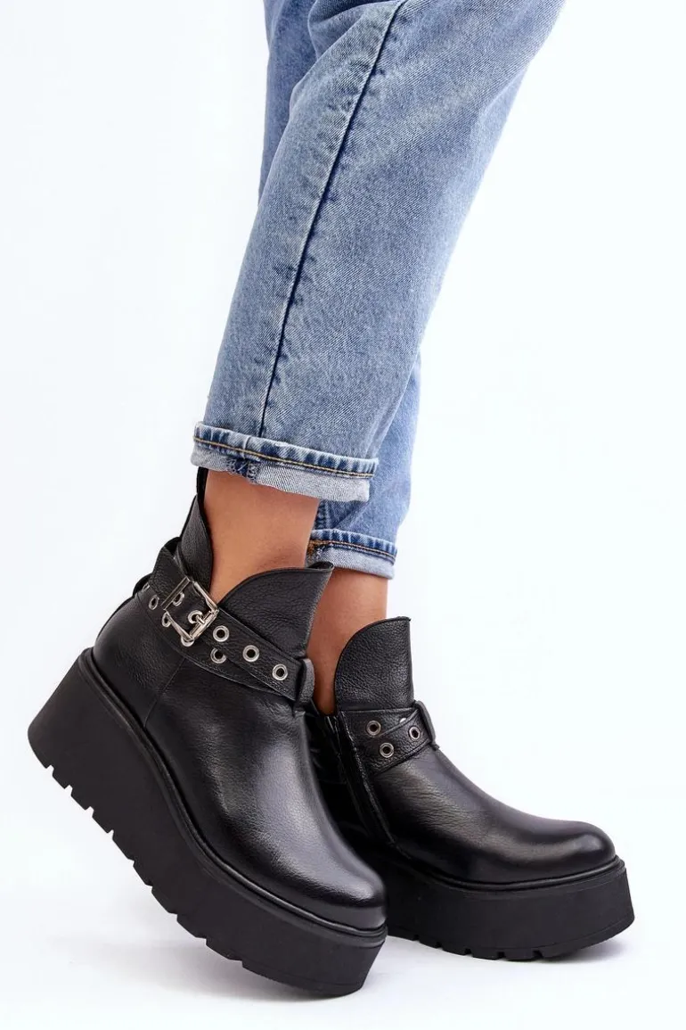 Skórzane Botki Damskie Na Koturnie Platformie Z Paskami Zazoo 1752 Czarne