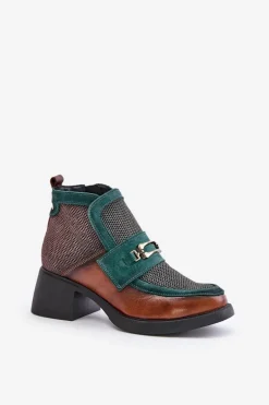 Skórzane Botki Damskie Na Masywnym Obcasie Z Ozdobą Maciejka 06747-29 Brązowo-Zielone