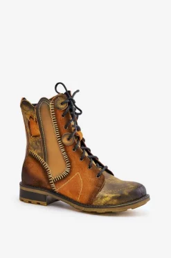 Skórzane Botki Damskie Na Płaskim Obcasie Maciejka 06719-07 Żółte