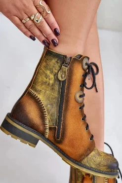 Skórzane Botki Damskie Na Płaskim Obcasie Maciejka 06719-07 Żółte