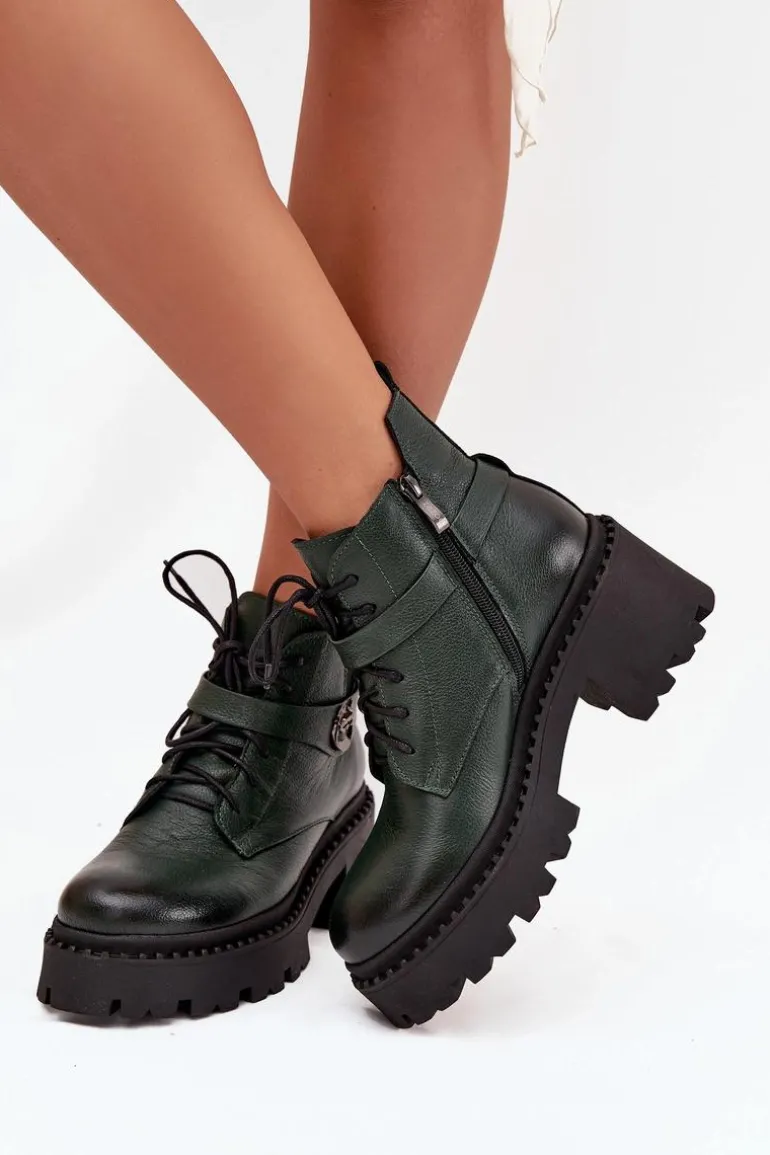 Skórzane Botki Damskie Na Klocku Z Ozdobnym Paskiem Ocieplane Zazoo 60557 Ciemnozielone