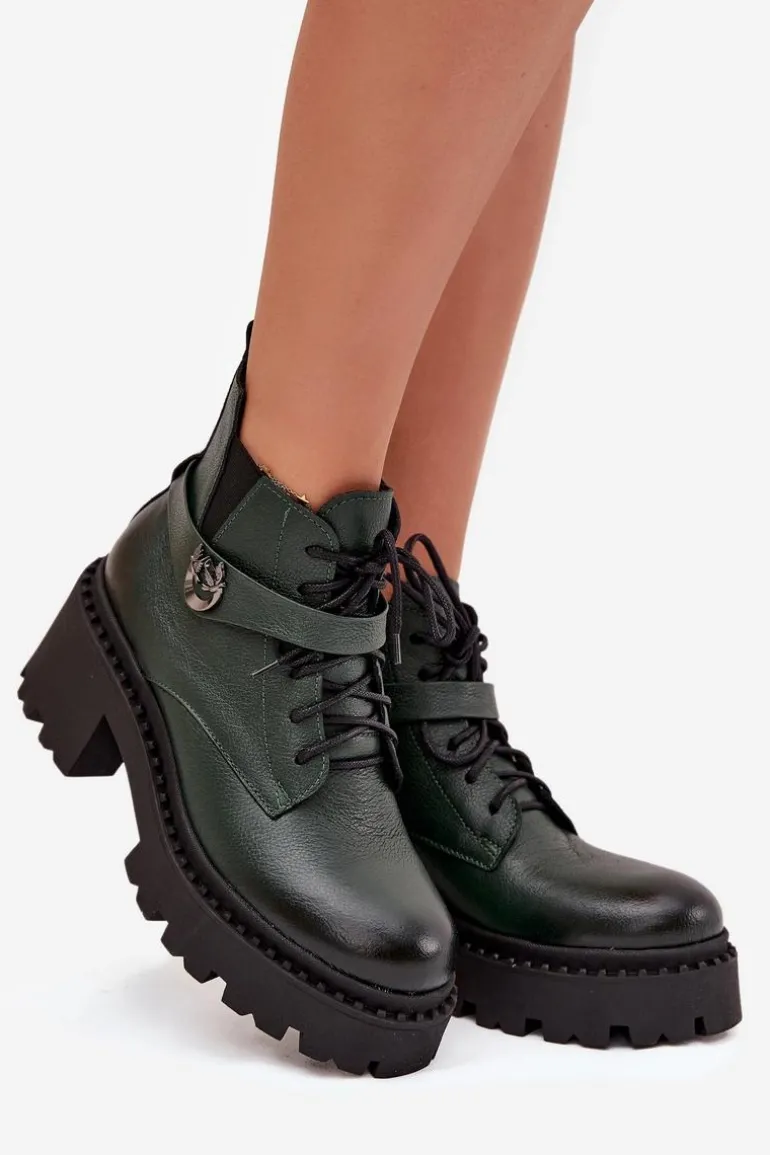 Skórzane Botki Damskie Na Klocku Z Ozdobnym Paskiem Ocieplane Zazoo 60557 Ciemnozielone