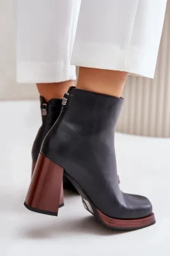 Skórzane Botki Damskie Na Słupku Ocieplane D&A JC42-37 Czarne