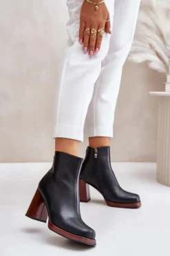 Skórzane Botki Damskie Na Słupku Ocieplane D&A JC42-37 Czarne