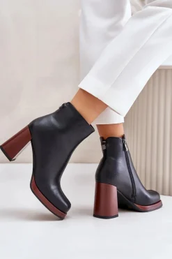 Skórzane Botki Damskie Na Słupku Ocieplane D&A JC42-37 Czarne