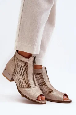 Skórzane Botki Damskie Na Płaskim Obcasie Z Odkrytymi Palcami Maciejka 06413-25 Złote