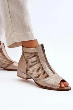 Skórzane Botki Damskie Na Płaskim Obcasie Z Odkrytymi Palcami Maciejka 06413-25 Złote