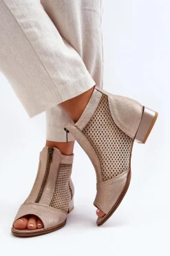 Skórzane Botki Damskie Na Płaskim Obcasie Z Odkrytymi Palcami Maciejka 06413-25 Złote