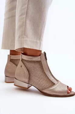 Skórzane Botki Damskie Na Płaskim Obcasie Z Odkrytymi Palcami Maciejka 06413-25 Złote