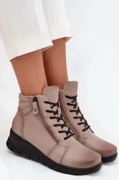Skórzane Botki Damskie Na Koturnie Ocieplane Vinceza 39963 Beżowe
