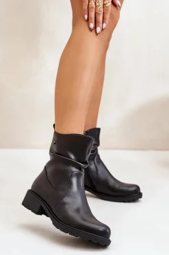 Skórzane Botki Damskie Ocieplane Z Marszczeniem Czarne Vinceza 66714