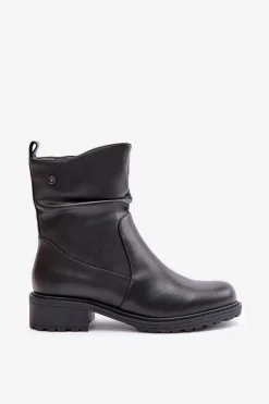 Skórzane Botki Damskie Ocieplane Z Marszczeniem Czarne Vinceza 66714