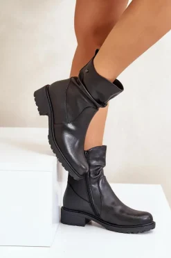 Skórzane Botki Damskie Ocieplane Z Marszczeniem Czarne Vinceza 66714