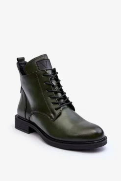 Skórzane Botki Damskie Workery Zielone Tedrick
