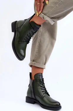 Skórzane Botki Damskie Workery Zielone Tedrick