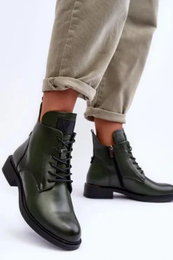 Skórzane Botki Damskie Workery Zielone Tedrick