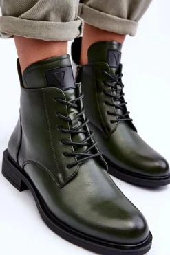 Skórzane Botki Damskie Workery Zielone Tedrick