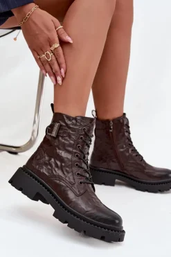 Skórzane Botki Damskie Z Efektem Marszczenia I Klamrą Artiker 57C1007 Czekoladowe